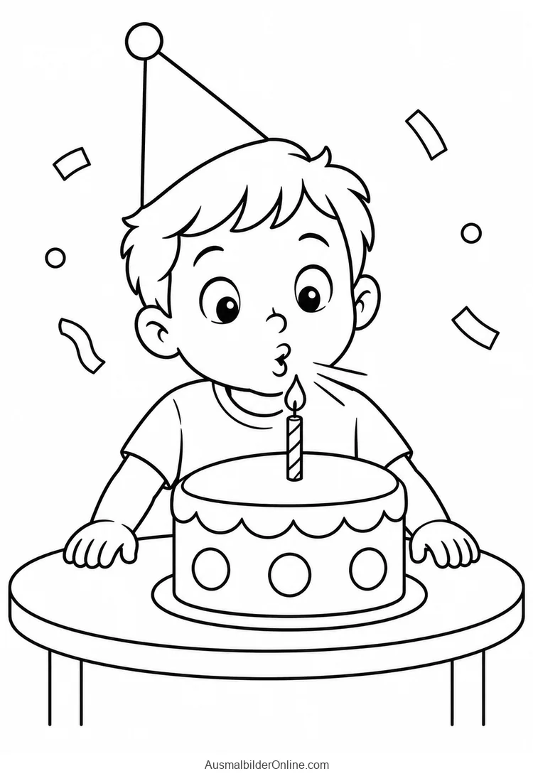 Kind mit Partyhut pustet vor einer Torte mit einer brennenden Kerze