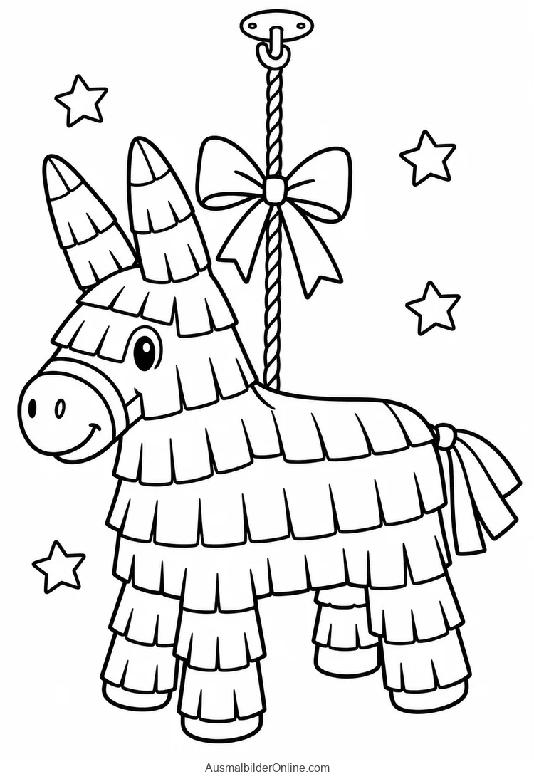 Esel-Piñata mit Papierfransen hängt an einem Seil mit Schleife