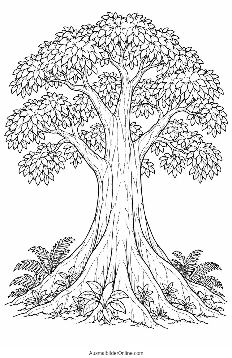 Großer Regenwaldbaum mit breiten Brettwurzeln zwischen Farnen