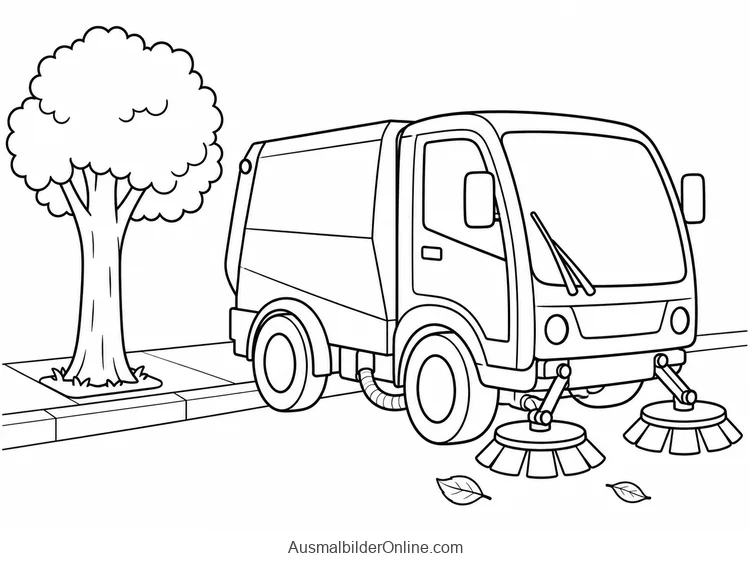Kompakte Kehrmaschine mit zwei Bürsten fährt neben einem Baum und Blättern