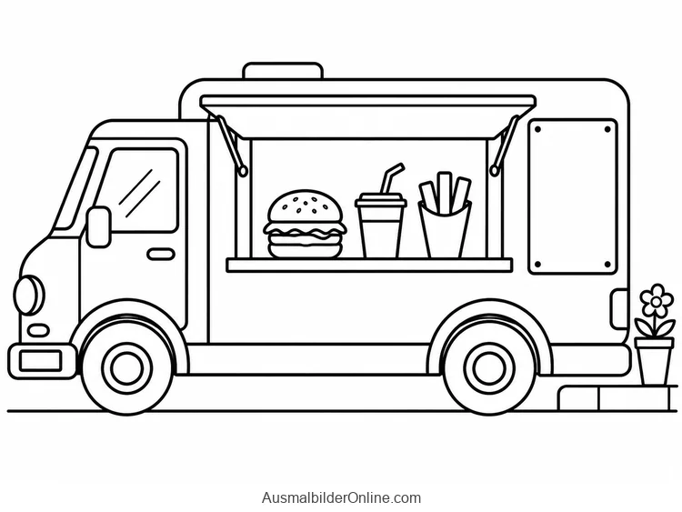 Foodtruck mit geöffnetem Verkaufsfenster zeigt Burger, Getränk und Pommes