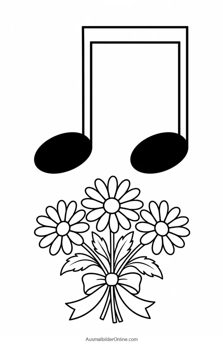 Zwei Achtelnoten mit schwarzen Köpfen und einem gemeinsamen Balken stehen über einem Blumenstrauß