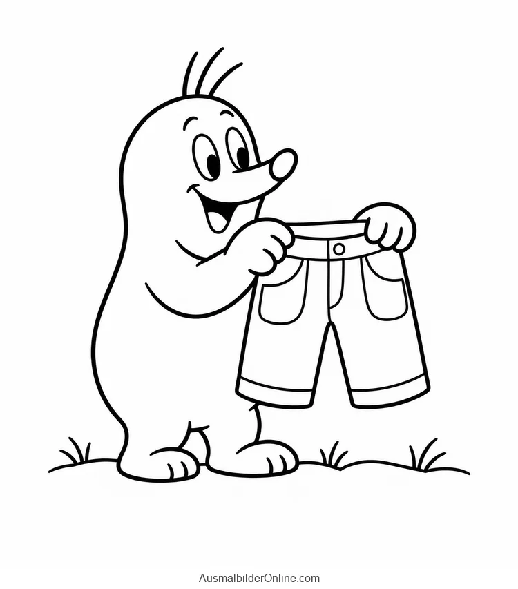Der kleine Maulwurf hält eine kurze Hose mit zwei Taschen hoch