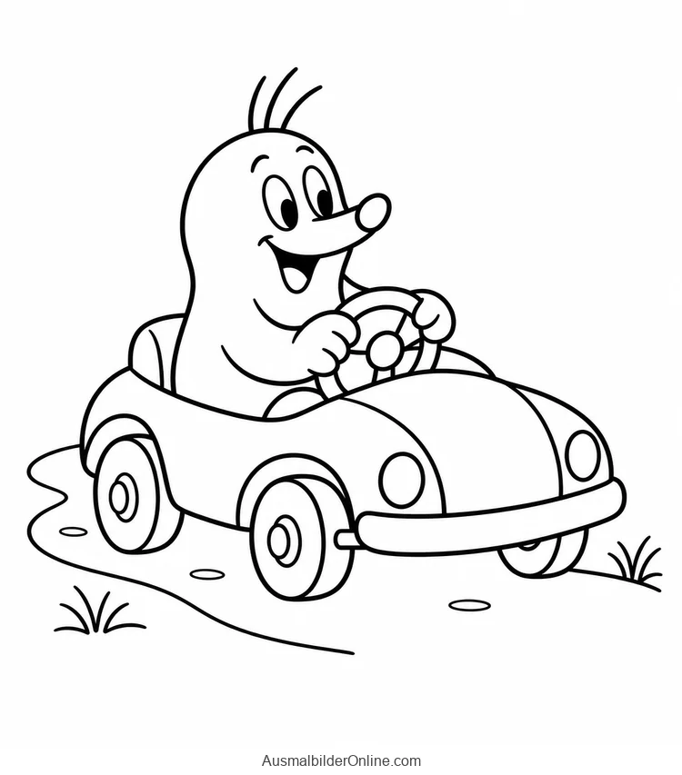 Der kleine Maulwurf sitzt am Steuer eines kleinen offenen Autos
