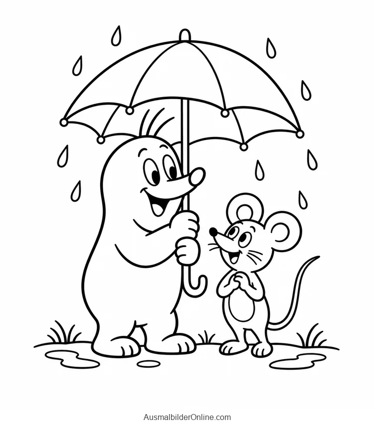 Der kleine Maulwurf und eine Maus stehen unter einem Regenschirm