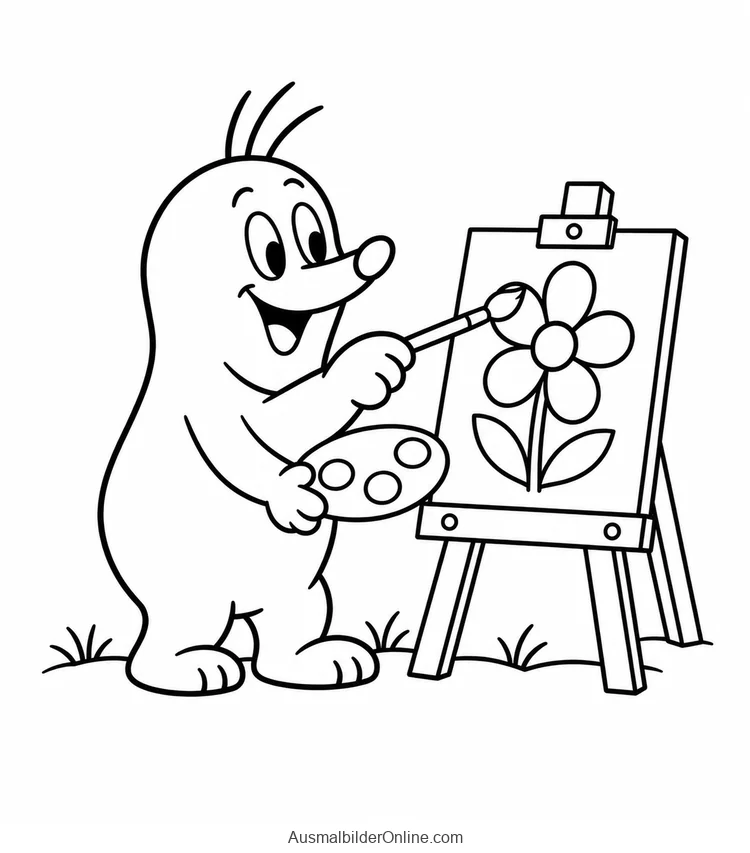 Der kleine Maulwurf malt eine Blume auf einer Staffelei und hält eine Palette