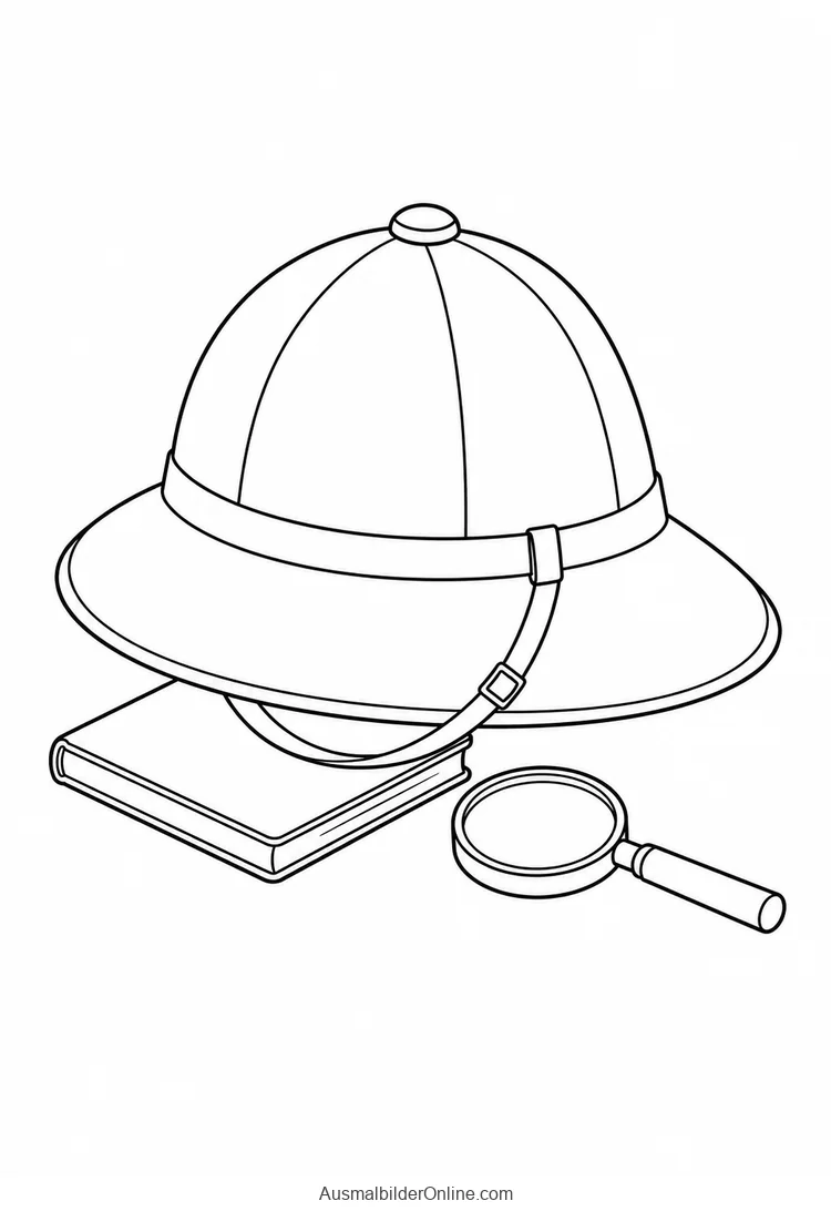 Historischer Tropenhelm auf einem Buch neben einer Lupe
