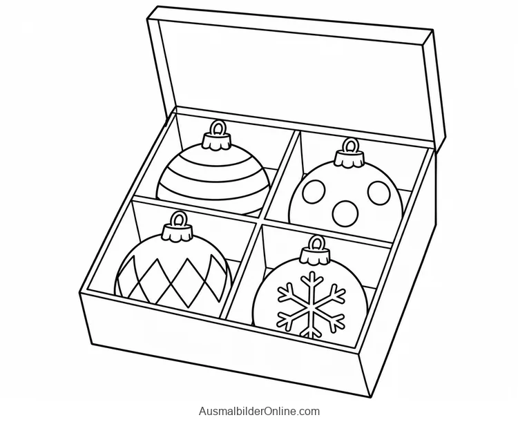 Offene Box mit vier Fächern und vier unterschiedlich gemusterten Weihnachtskugeln