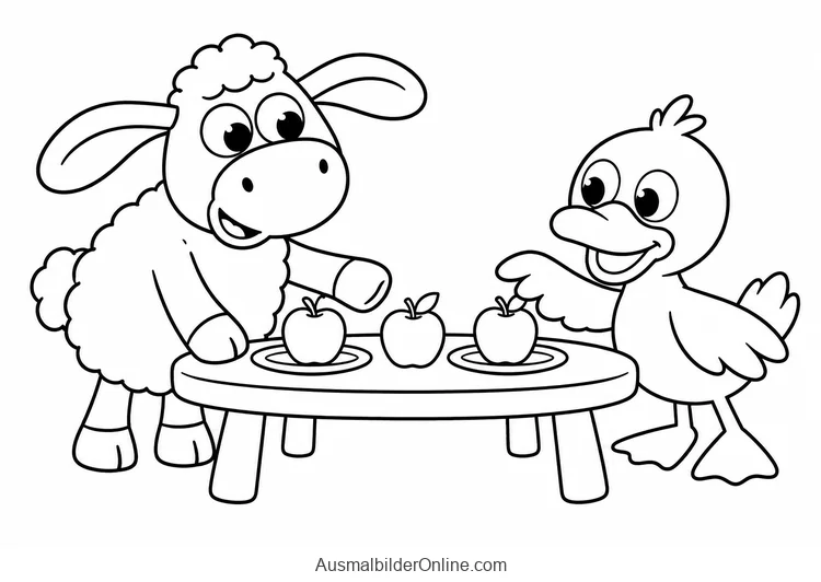 Timmy und eine Ente stehen an einem Tisch mit drei Äpfeln