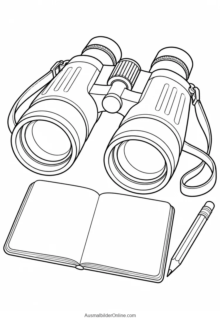 Fernglas mit geöffnetem Notizbuch und Bleistift