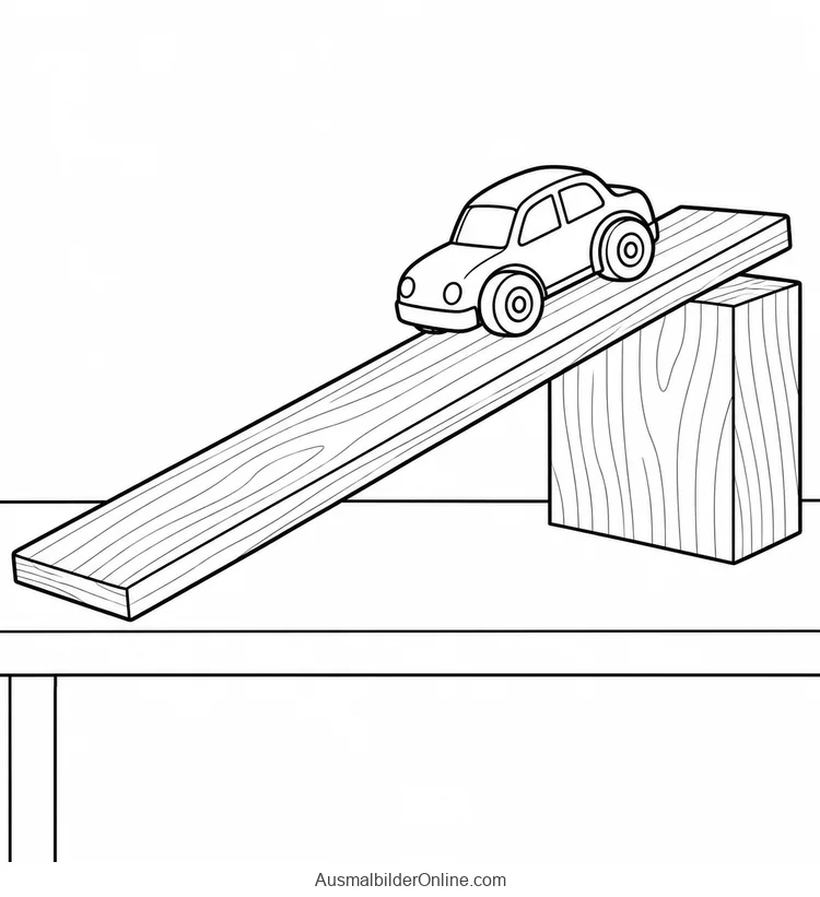 Spielzeugauto steht auf einer Holzrampe mit einem Stützklotz