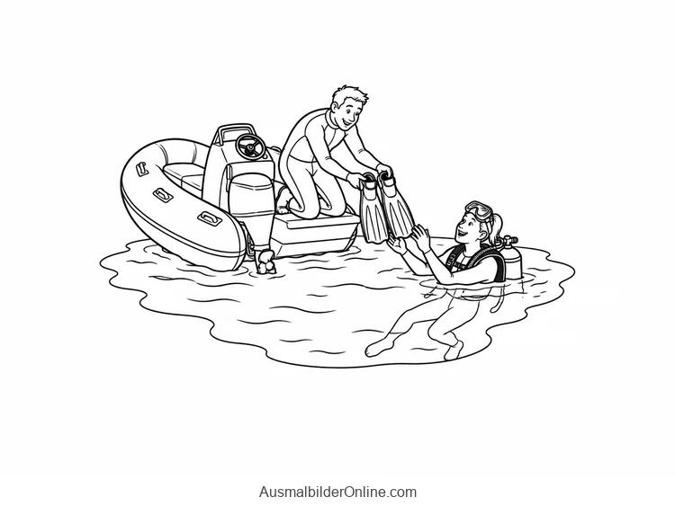 Ein erwachsener Mann reicht einer Person im Wasser zwei Flossen vom Schlauchboot