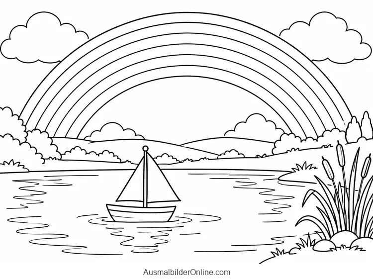 Regenbogen über einem Teich mit Segelboot und Schilf