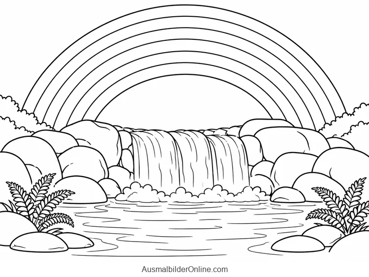 Regenbogen über einem kleinen Wasserfall mit runden Felsen und Farnen