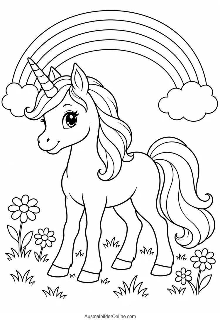 Einhorn zwischen Blumen unter einem Regenbogen und zwei Wolken