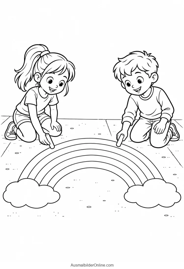 Zwei Kinder zeichnen einen Regenbogen mit Kreide auf den Boden