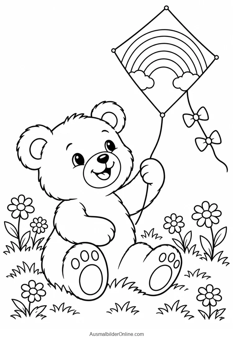 Teddybär mit einem Regenbogendrachen auf einer Blumenwiese