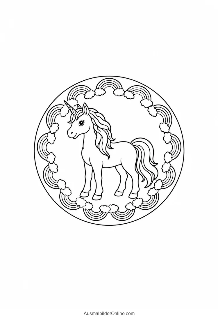 Einhorn in einem runden Mandala mit Wolken und Regenbögen