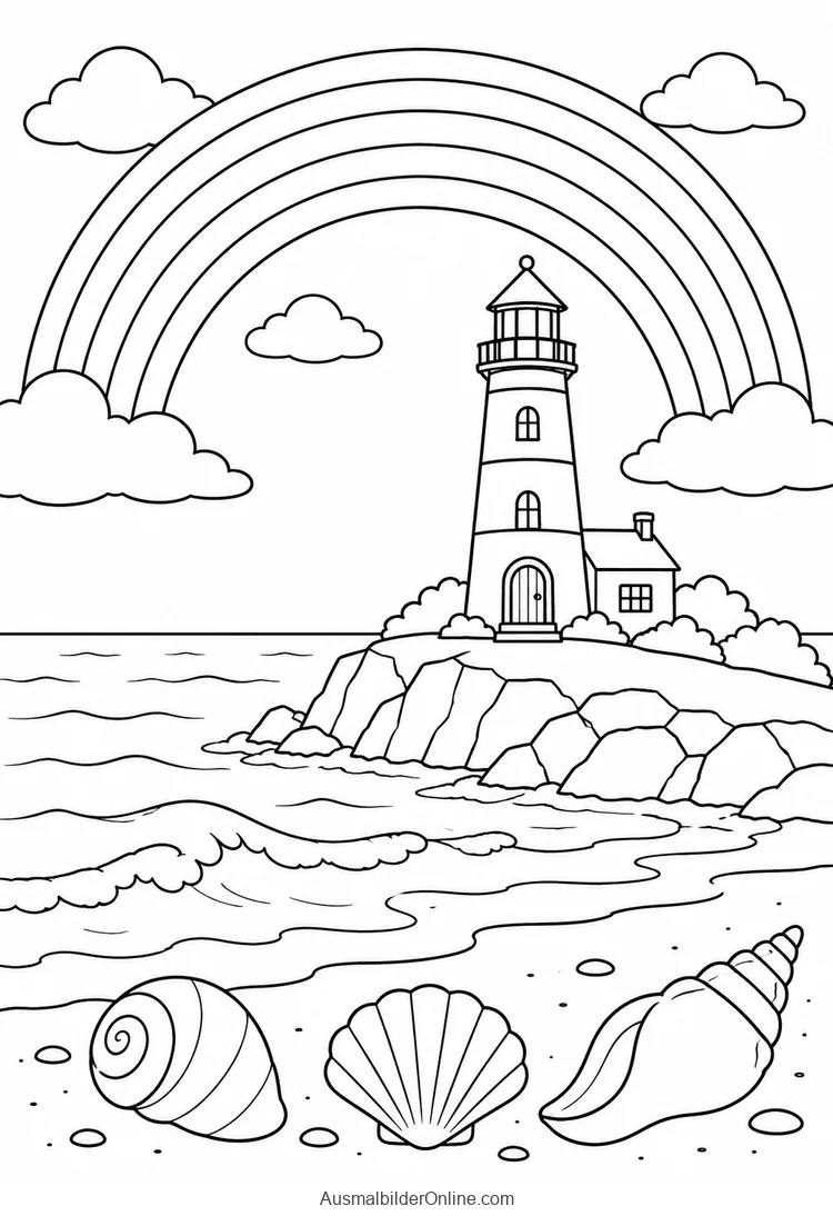 Regenbogen über einem Leuchtturm mit Wellen und Muscheln am Strand