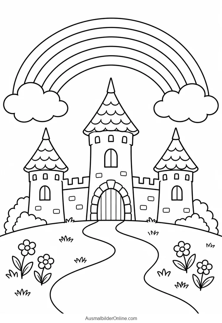 Regenbogen über einem Märchenschloss mit drei Türmen und einem Weg