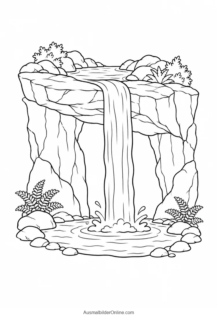 Ein hoher schmaler Wasserfall fällt zwischen Felsen in ein Becken