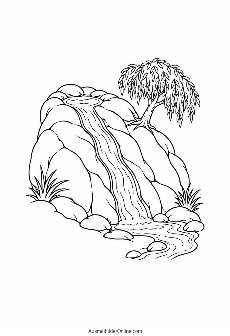Ein kleiner Wasserfall und Bachlauf neben einem Baum mit hängenden Zweigen