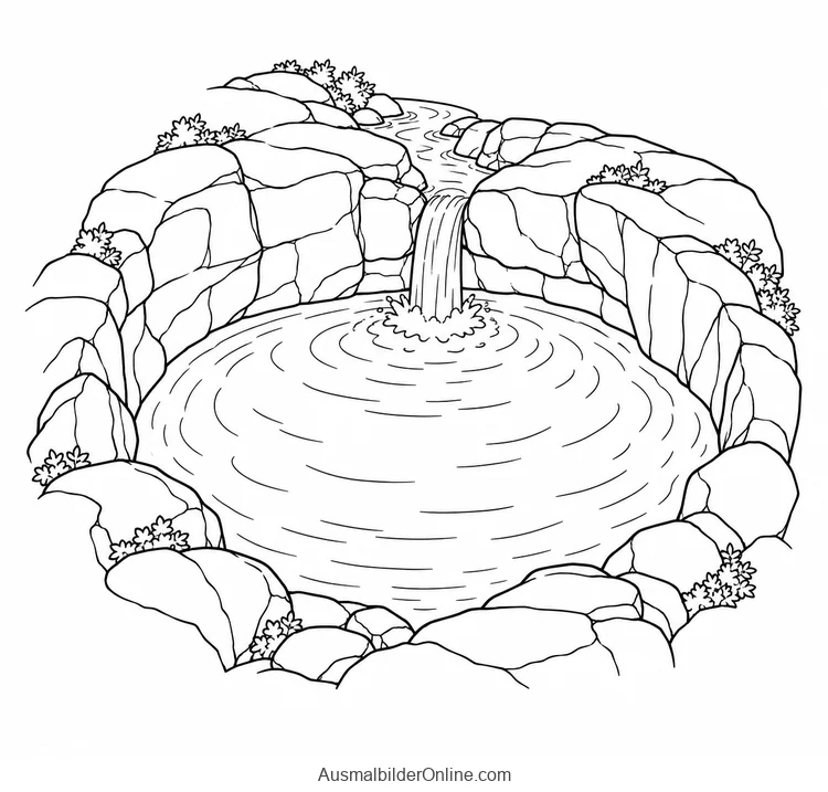 Ein kleiner Wasserfall mündet in ein rundes Felsbecken