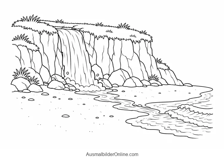 Ein Wasserfall fließt an einer Küste über eine Klippe auf den Strand