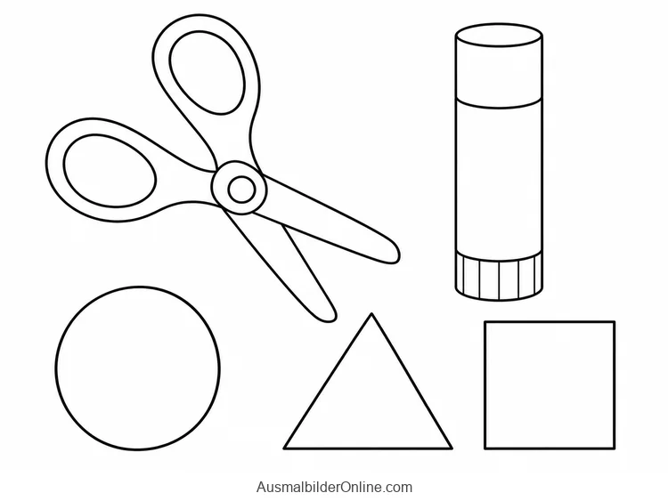 Kinderschere und verschlossener Klebestift neben Kreis, Dreieck und Quadrat