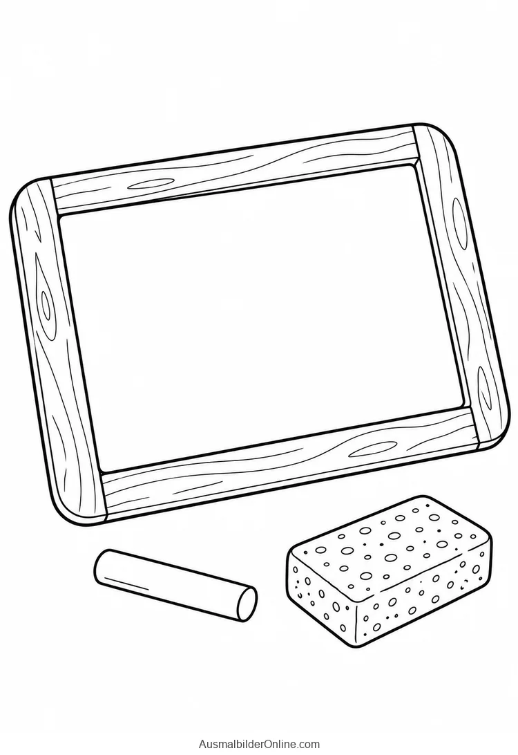 Kleine leere Tafel mit Holzrahmen neben Kreide und Schwämmchen