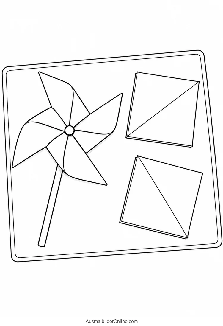 Papierwindrad und zwei gefaltete Papierquadrate auf einer Bastelunterlage