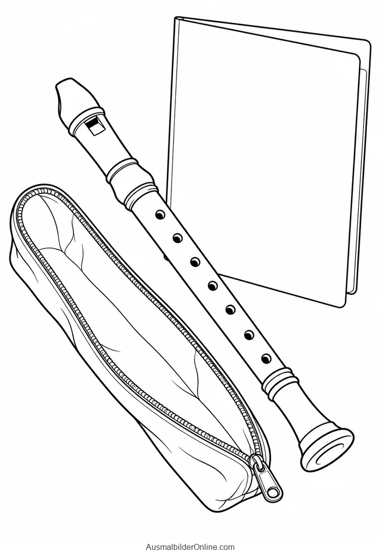 Blockflöte neben geöffnetem Stoffetui und leerer Notenmappe
