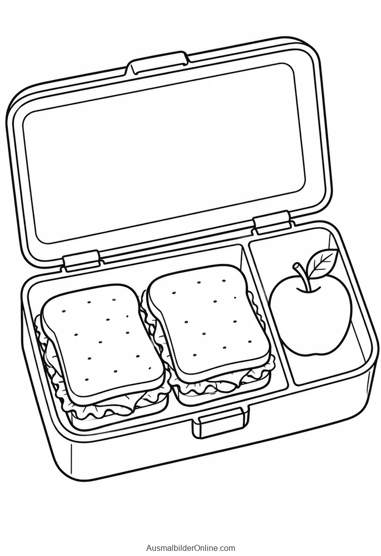 Offene Brotdose mit zwei Toastsandwiches und einem Apfel