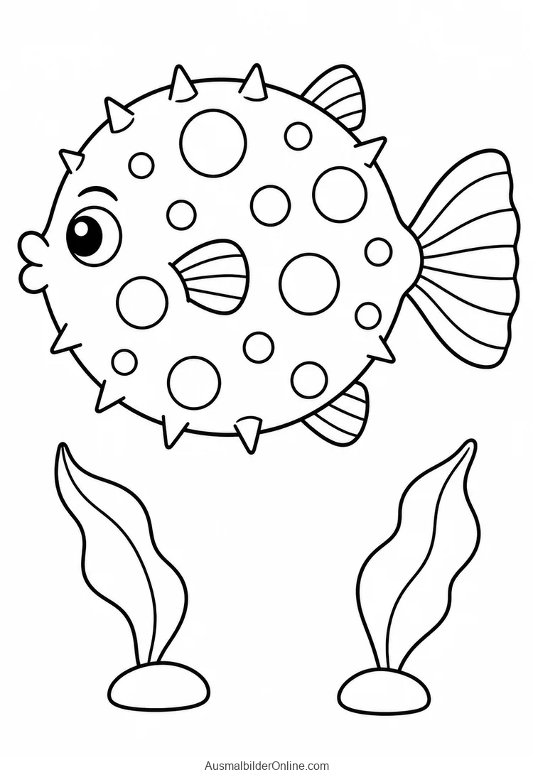 Runder Kugelfisch schwimmt über zwei kleinen Wasserpflanzen