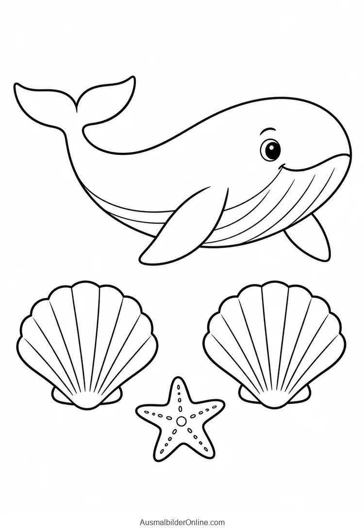 Wal schwimmt über zwei großen Muscheln und einem fünfarmigen Seestern