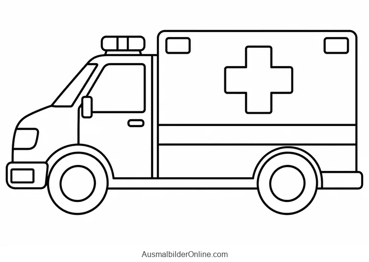 Krankenwagen von der Seite mit zwei sichtbaren Rädern und Dachleuchte