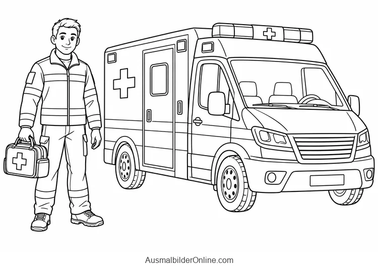 Rettungssanitäter hält eine Tasche neben einem Krankenwagen
