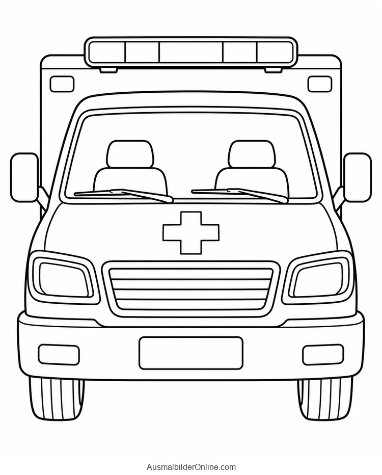 Krankenwagen von vorn mit zwei Spiegeln, Scheinwerfern und Dachlicht