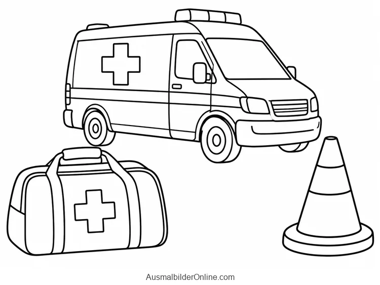 Krankenwagen steht hinter einer medizinischen Tasche und einem Pylon