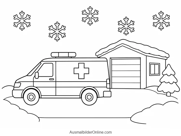 Krankenwagen parkt vor einer verschneiten Garage neben einer Tanne