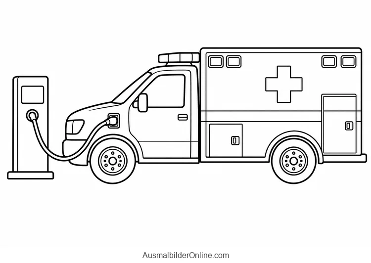 Elektrischer Krankenwagen ist mit einem Kabel an eine Ladestation angeschlossen
