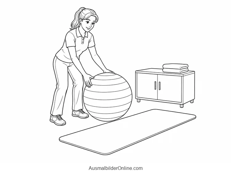 Eine Physiotherapeutin stellt einen Gymnastikball neben eine Matte