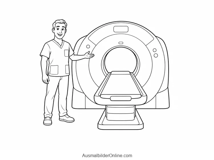 Ein erwachsener Techniker steht neben einem leeren medizinischen Scanner