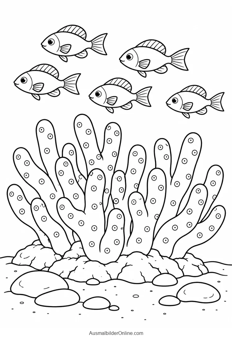 Fünf vollständige Riff-Fische neben einer aufrechten Hartkoralle