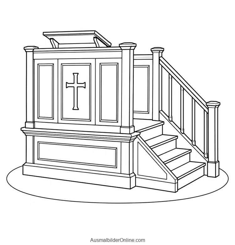 Eine Kanzel mit Treppe und Kreuz an der Brüstung