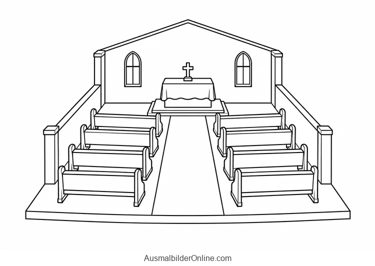 Ein vereinfachter christlicher Kirchenraum mit Bänken Mittelgang und Altar mit Kreuz