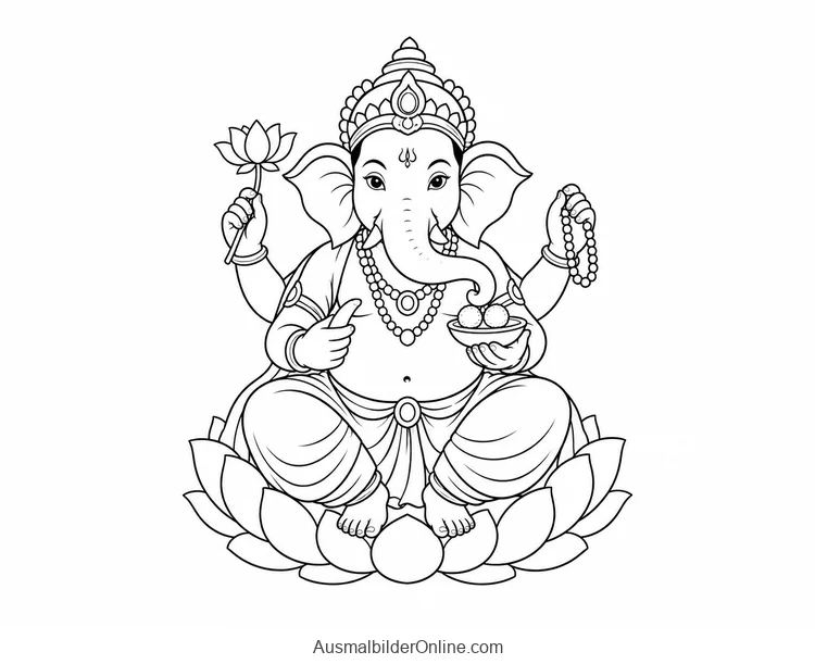 Ganesha sitzt vierarmig auf einem Lotussockel mit Süßigkeitenschale Lotus Gebetskette und Stoßzahn