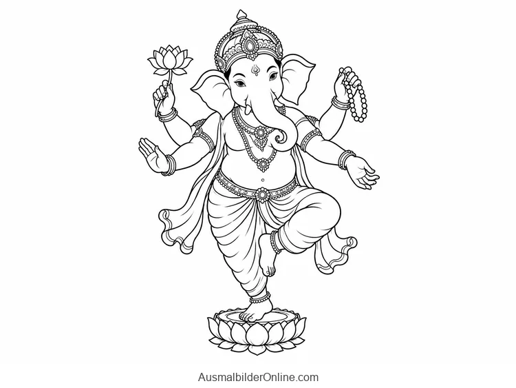 Ganesha tanzt vierarmig auf einem Lotussockel mit Lotus und Gebetskette