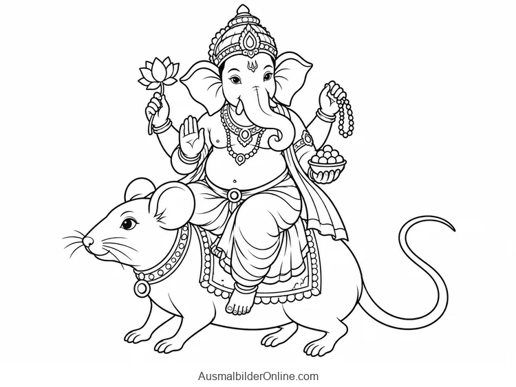 Ganesha reitet vierarmig auf einer großen Maus als symbolischem Reittier