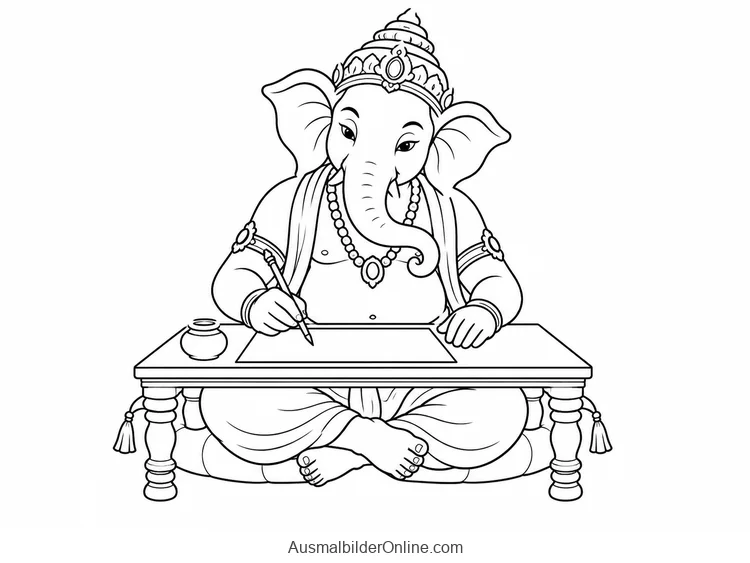 Ganesha sitzt zweiarmig als Schreiber an einem Pult mit unbeschriftetem Blatt